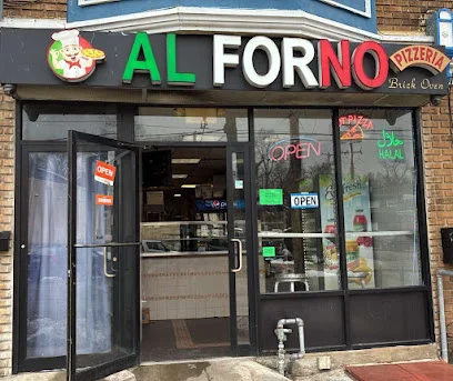 Storefront of Al Forno Pizzeria with a lit Open sign, glass doors and a brick oven logo above the entrance