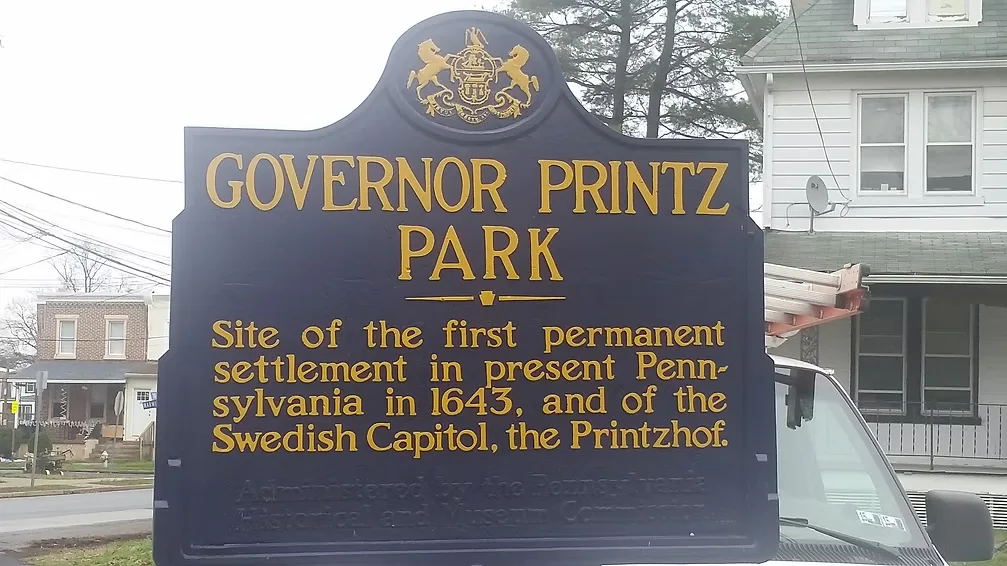 Pennsylvania historical marker sign for Governor Printz Park, site of the first permanent settlement in Pennsylvania in 1643
