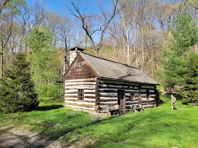 Historic log cabin with a stone chimney and wood shingle roof in a grassy clearing at Lower Swedish Cabin